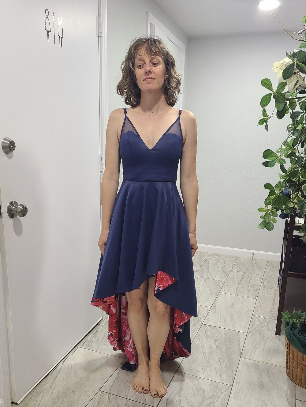 Sequin Hearts Navy High-Low Spaghetti Strap Dress with Floral Hem